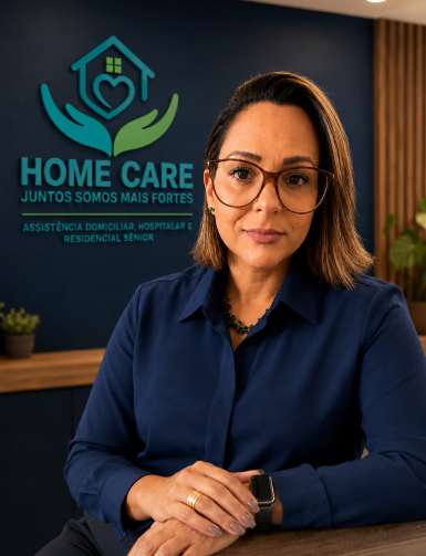 Proprietária da Home Care Juntos Somos Mais Fortes na sede da empresa